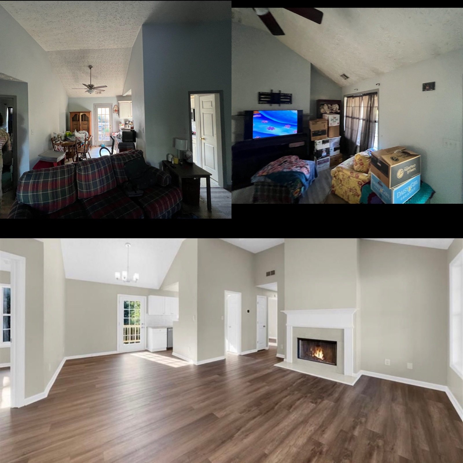 Living room with fireplace renovation